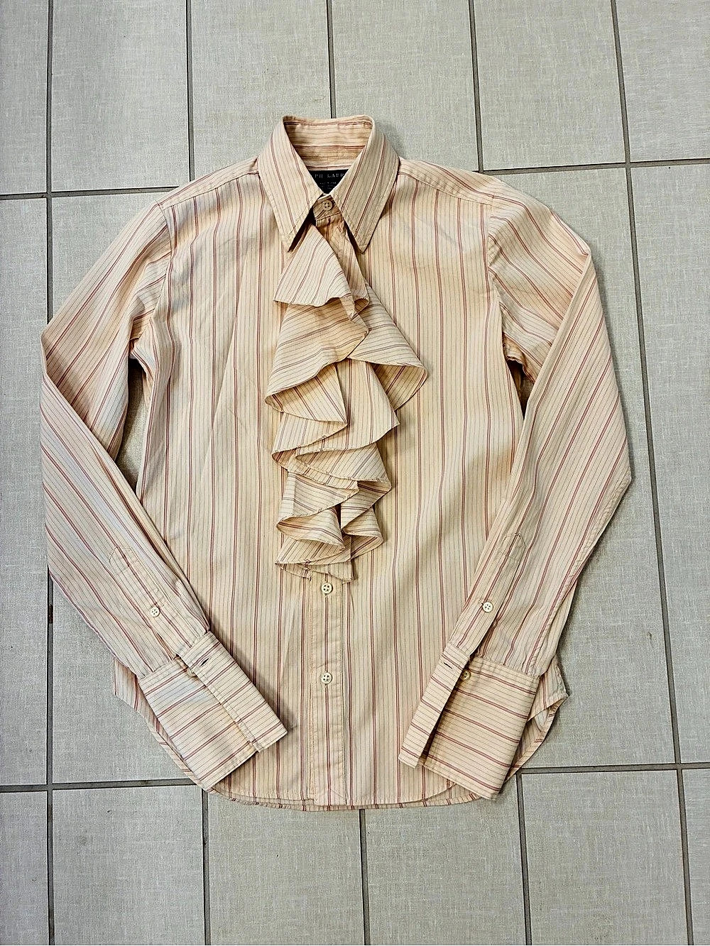 Vintage Ralph Lauren Blue Label Ruffle Front Shirt in Light Pink Stripe size 4